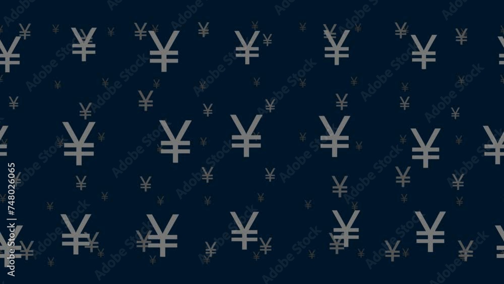 Poster yuan symbols float horizontally from left to right. parallax fly effect. floating symbols are locate