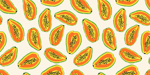 Hand drawn Tropical Papaya in modern artist painting style. Vector illustration. Seamless pattern with summer exotic fruit. Unique print for wrapping paper, fabric print, wallpaper, card, banner.