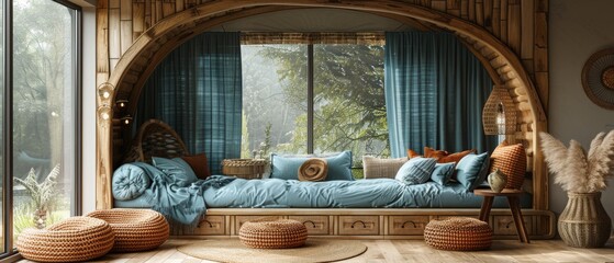 Children's room with a beautiful bed and table in 3D