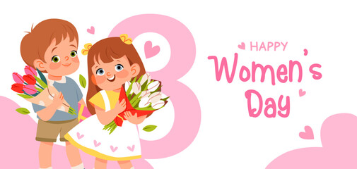 Boy and girl with bouquets of tulip flowers. Postcard for Women's Day. Vector illustration