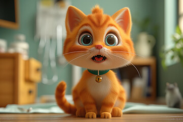 A cute orange cat in a room, 3d cartoon illustration