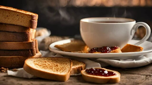 glass of coffee. and PB sandwich, toast, breakfast animation, espresso machine pouring coffee, soft focus, seamless looping animation, 4k video, food video animation, youtube video, ai video animation