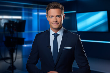 TV news presenter on a popular channel. live stream broadcast on television. A handsome white guy in a suit