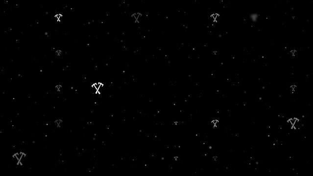 Template animation of evenly spaced crossed axes symbols of different sizes and opacity. Animation of transparency and size. Seamless looped 4k animation on black background with stars