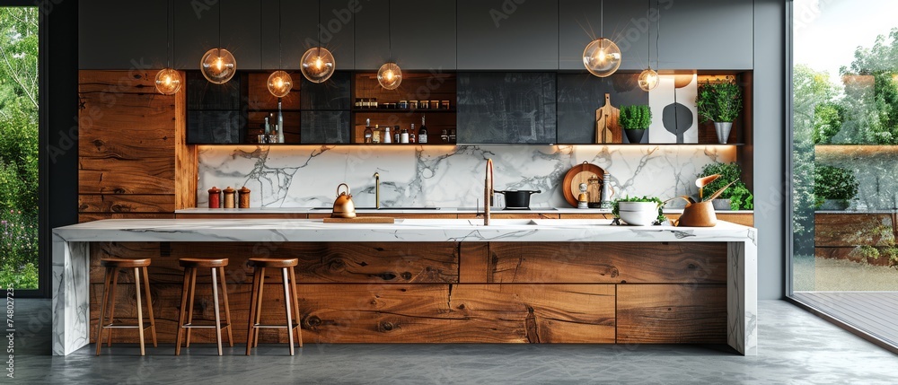 Poster a wooden kitchen with a large long island and bar stools. marble top and wooden base. 3d rendering.
