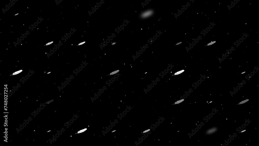 Poster template animation of evenly spaced feather symbols of different sizes and opacity. animation of tra