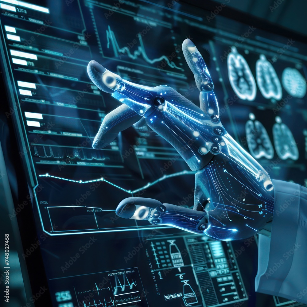 Poster ai robot analyzing financial data on screens