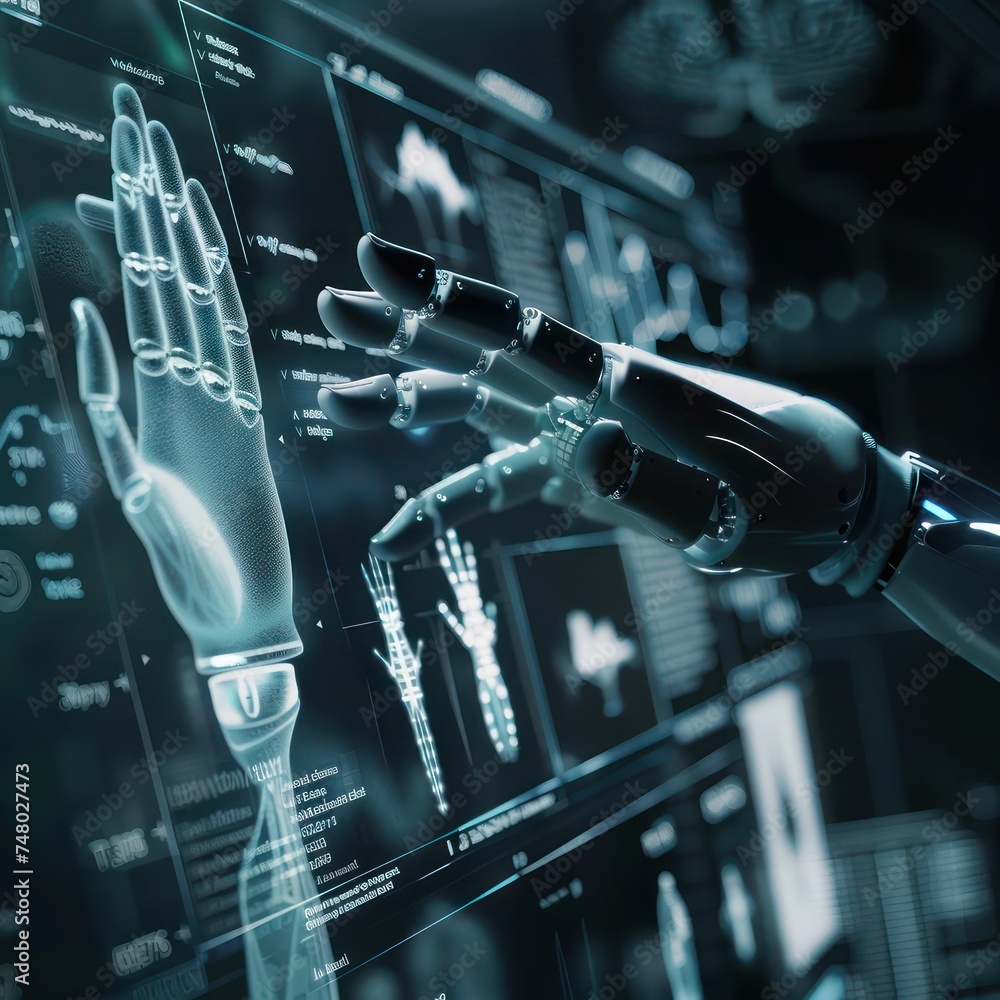 Poster ai robot analyzing financial data on screens