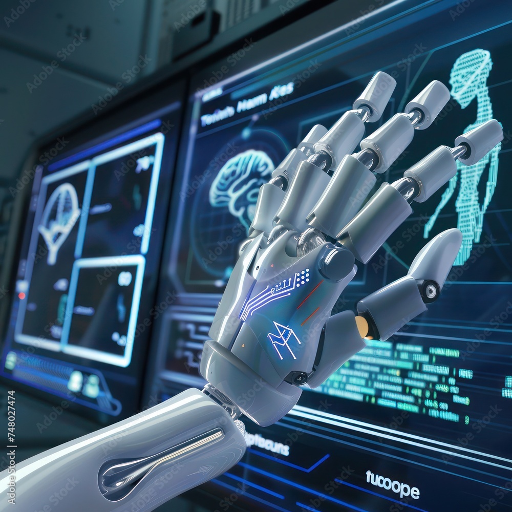 Poster ai robot analyzing financial data on screens