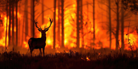 International Firefighters Day, silhouette of a deer against the background of a burning forest, forest fires, rescue of wild animals, environmental disaster