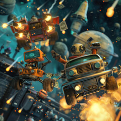 3D cartoon of a galaxy heist with robots using rocket-powered speed cars, stealing money from cosmic banks