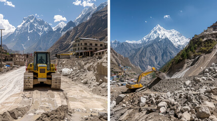 Two pictures showing a construction site with a bulldozer actively moving earth and debris. The industrial scene captures the heavy machinery at work on the project
