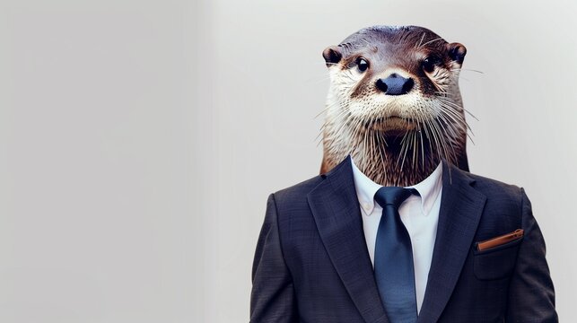 a otter wearing a suit with a tie on a plain white background on the left side of the image and the right side blank for text,