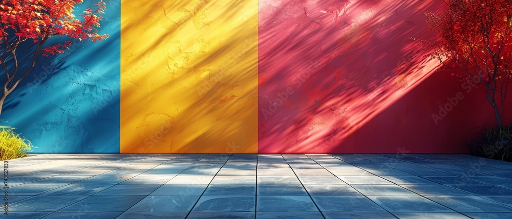 Leinwandbilder Applying shadows to a wall with a blank colorful background and a hard falling shadow. 3D rendering.