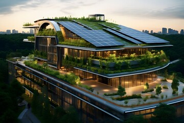 Sustainable Green Building: An eco-friendly building with solar panels and green roofs, highlighting the importance of sustainable architecture.

