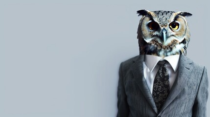 a owl wearing a suit with a tie on a plain white background on the left side of the image and the right side blank for text,