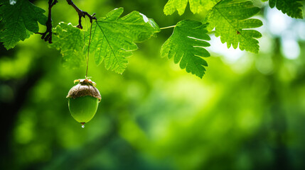 Green acorn hanging from a tree oak leaf background.