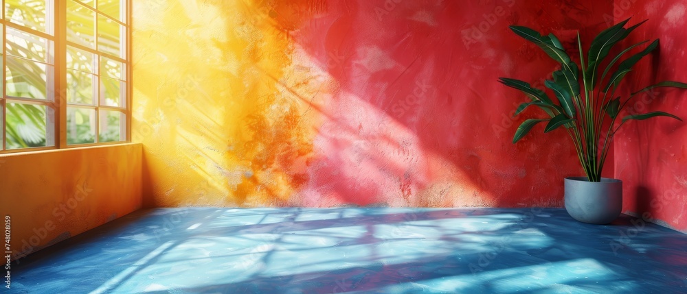 Poster Colorful wall background with hard falling shadows. 3D rendering.
