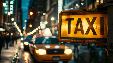 Old taxi sign with light in a busy street.