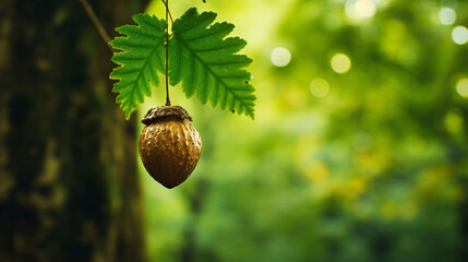 Green acorn hanging from a tree oak leaf background.