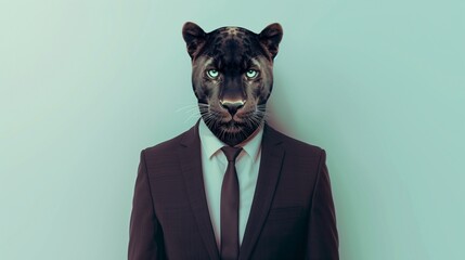 a panther wearing a suit with a tie on a plain white background on the left side of the image and the right side blank for text,