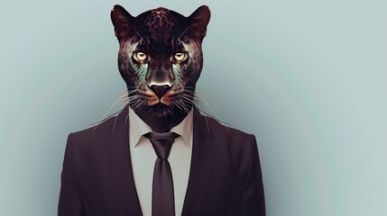 a panther wearing a suit with a tie on a plain white background on the left side of the image and the right side blank for text,