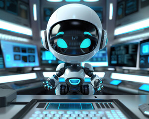 3D cartoon robot in a dynamic call center environment, interacting with digital interfaces