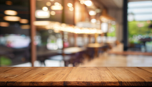 Selected focus empty brown wooden table and Coffee shop blur background with bokeh image, for product display montage; mock up to showcase design