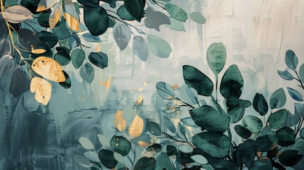 Oil on canvas, textured background. Retro, nostalgic, golden brushstrokes. Floral leaves, green, gray, poster, card, mural, rug, hanging, print.