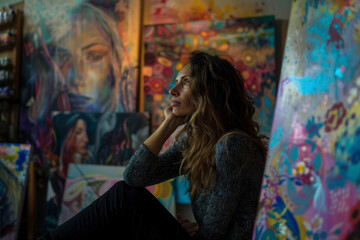 Obraz premium Creative artist lost in thought, surrounded by her vibrant artworks.