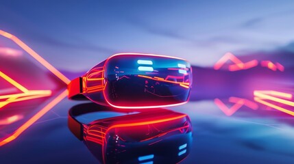 A sleek virtual reality headset glows with neon reflections on a glossy surface, suggesting advanced gaming or simulation technology.
