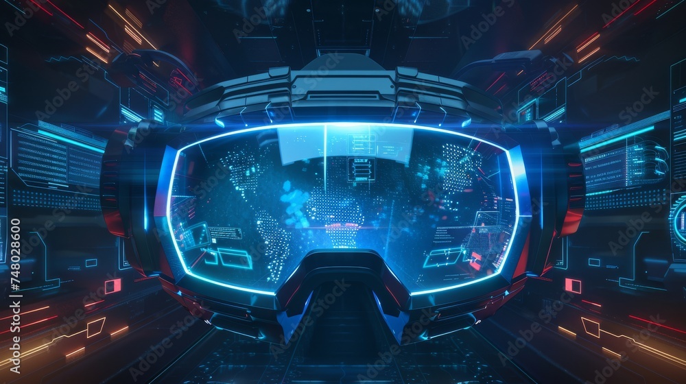 Poster a high-tech control room with advanced virtual reality interface, featuring glowing screens and futu
