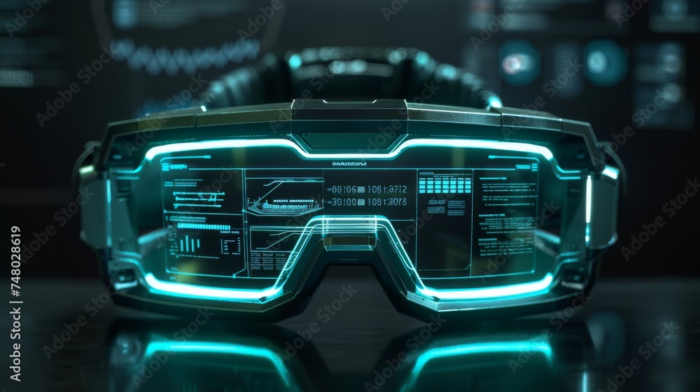 Poster Close-up of an advanced virtual reality headset with a detailed holographic interface, showcasing high-tech data and graphics.