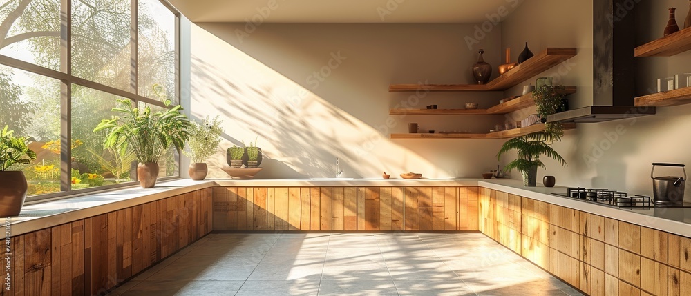 Poster 3d rendering of a minimalist kitchen.
