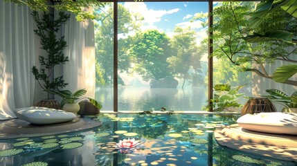 A tranquil, zen-inspired room with floor-to-ceiling windows offering a stunning view of a serene lake, lush greenery, and floating lily pads.