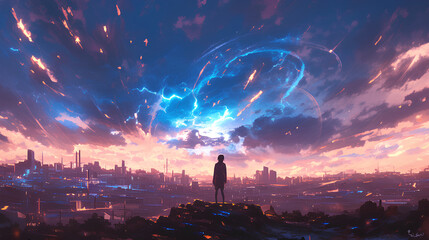 abstract amazing lightning strike, anime background - obrazy, fototapety, plakaty
