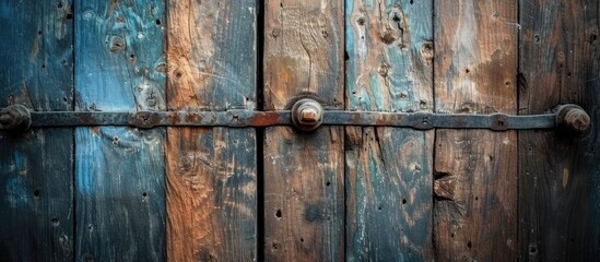 A detailed view of a wooden door featuring metal handles. The texture of the wood and the shiny...