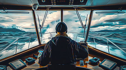 a sea captain in the cockpit of a transatlantic ship sailing the sea