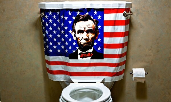 A toilet adorned with a shower curtain featuring Abraham Lincoln echoes both patriotism and privacy. The image humorously merges national symbols with the most personal of spaces.