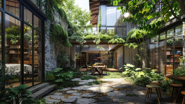 An artists perspective of a courtyard arranged with multiple tables and chairs, showcasing a calm and inviting outdoor setting