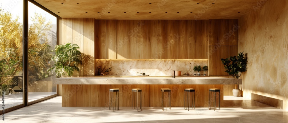 Aufkleber three-dimensional render of a minimalist kitchen. there is a large long island surrounded by barstoo