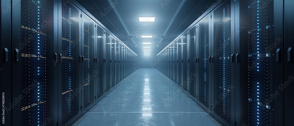 Poster A shot of a corridor in a working data center with rack servers and supercomputers and high Internet visualization projections.