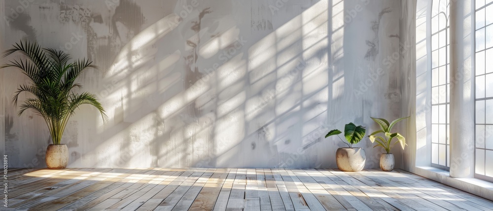 Poster the 3d simulation of a white room with a wood plank floor and a shadow cast from the sun, a view fro
