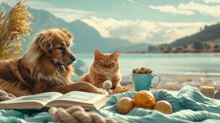 A cozy scene of a cat and dog sharing food by the sea, with a book on seaside adventures beside them - obrazy, fototapety, plakaty