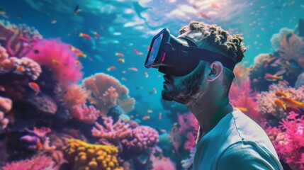 Fototapeta na wymiar A man is captivated by the underwater wonders of a coral reef, exploring the diverse marine ecosystem through virtual reality.