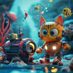 A curious cat and a robot exploring sunken treasures with their submarine, vibrant 3D sea life around
