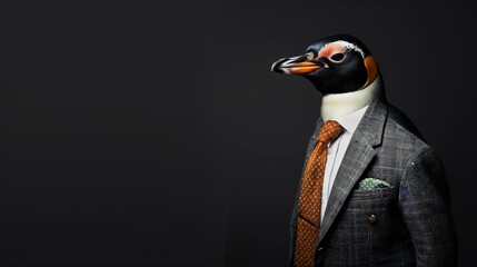 a penguin wearing a suit with a tie on a plain black background on the left side of the image and the right side blank for text,