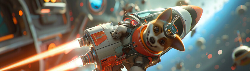 A dog and its robot sidekick finding a lost galaxy with their trusty rocket, vibrant 3D animation