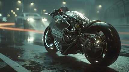 Motorbike, cyberpunk, intricate details, shiny metal, sweeping curves, and a gloomy wind