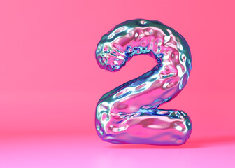 Holographic, shiny number two on pink, vibrant background. Symbol 2. Second birthday party, business anniversary. Festive event. Iridescent color, gradient. Modern, trendy numbers. Copy space. 3D.